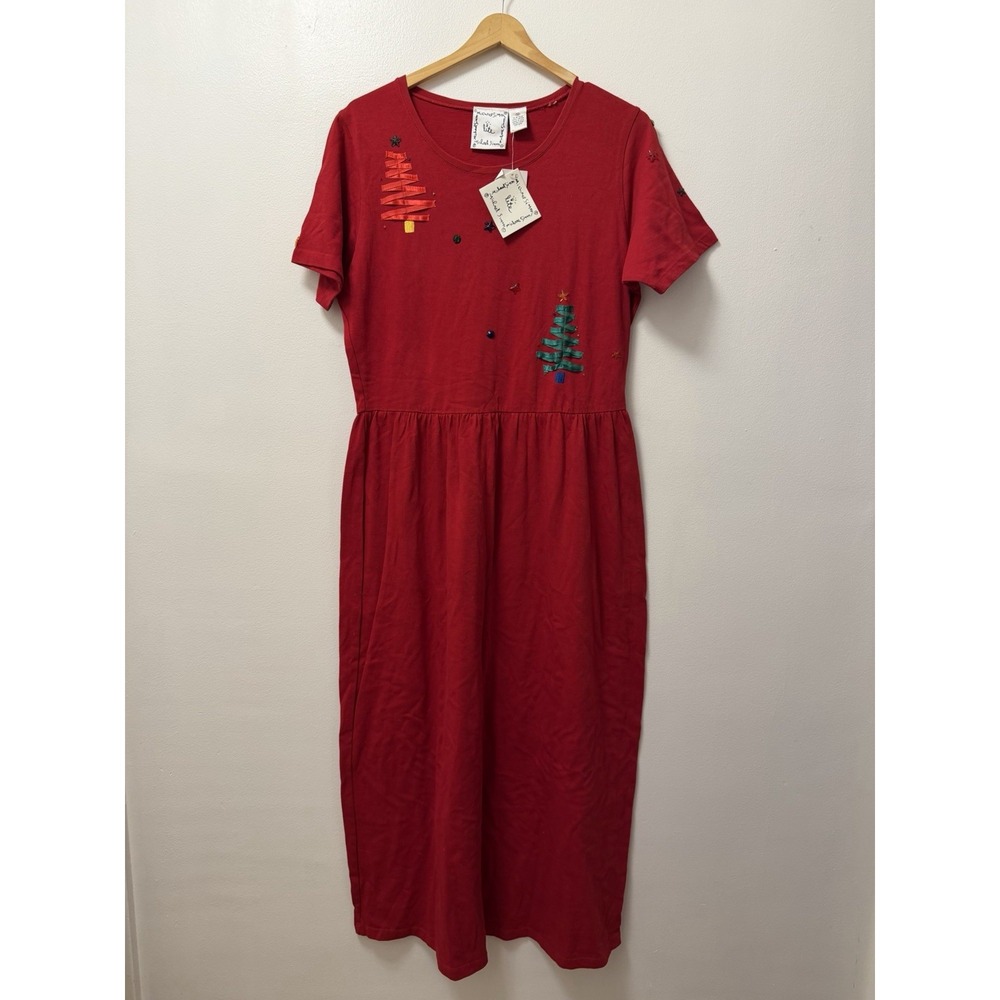 Vintage Michael Simon Christmas Embroidered Red Long Maxi Dress Women's M NWT